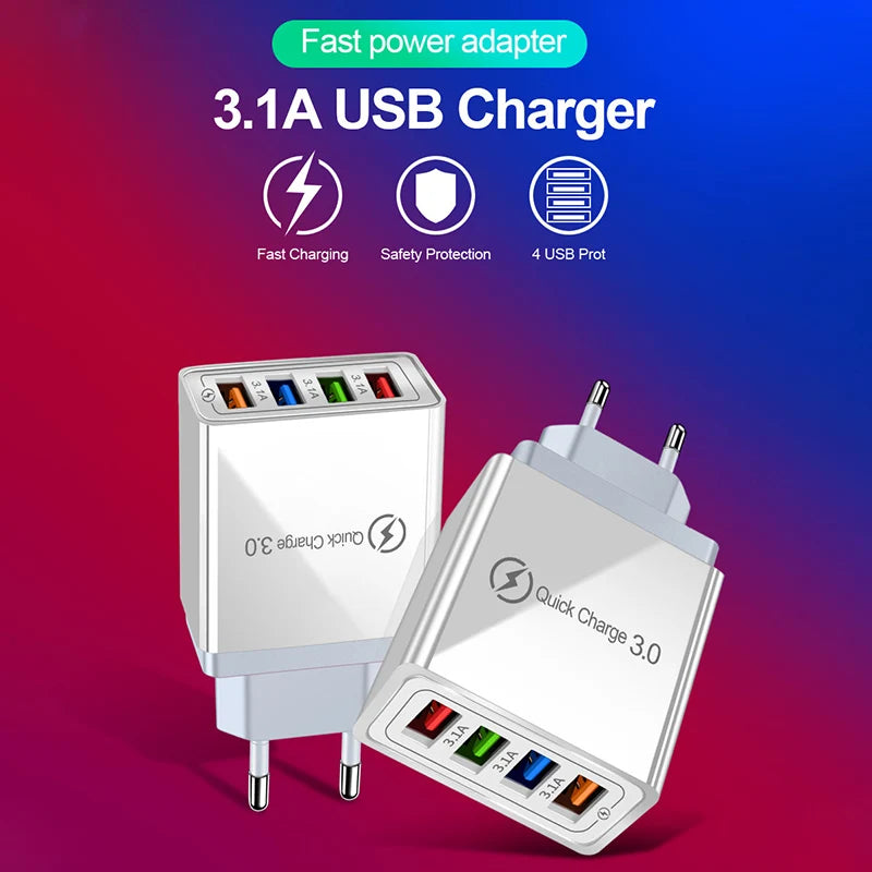 4 Ports 3.1A USB Wall Charger Quick Charge QC 3.0 Phone Adapter For iPhone 14 15 Pro Huawei Samsung Multiple USB Fast Charger